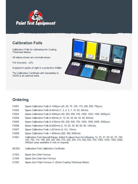 calibration foil value chart